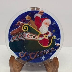 Peggy Karr Christmas Santa Claus Sleigh Round Fused Glass Art Plate